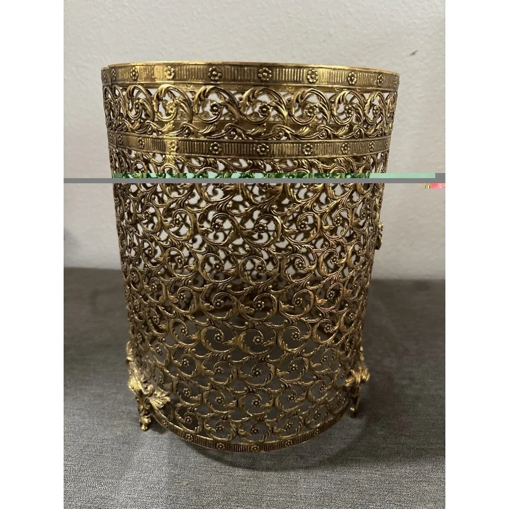 Hollywood Regency Gold Filigree Scroll Footed Trash Can NO Liner 11
